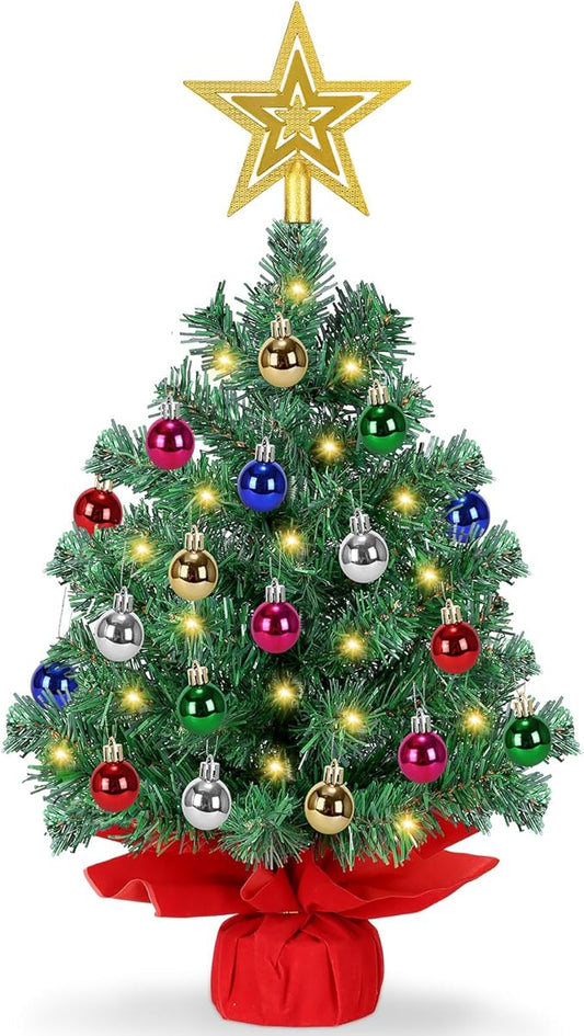 24 Inch Pre-lit Artificial Christmas Tree with 50 LED Lights, 8 Lighting Modes & Timer | Includes Star Topper and 30 Ornaments | Battery Powered Tabletop Decor for Home, Office