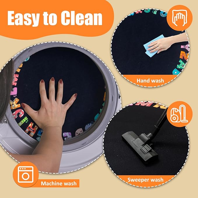 ABC Alphabet Rug for Kids, Classroom Playmat 5ft Non-Slip Circle Rugs for playroom, Round Area Rug for Elementary Classroom, Play Carpet for Boys Girls Bedrooms Playroom,Nursery Rugs-Black