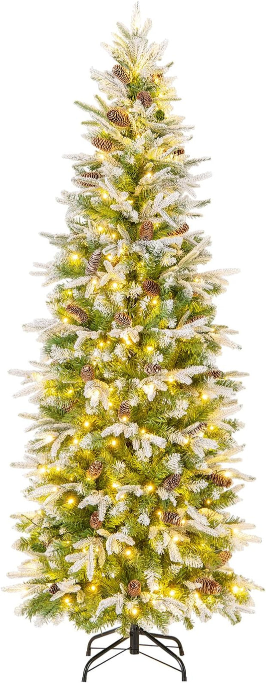 Goplus 6 FT Pre-Lit Pencil Christmas Tree, Artificial Snow Flocked Hinged Fake Slim Xmas Tree with 280 Warm-White LED Lights, 671 Branch Tips, 60 Pine Cones, for Office Home Decoration
