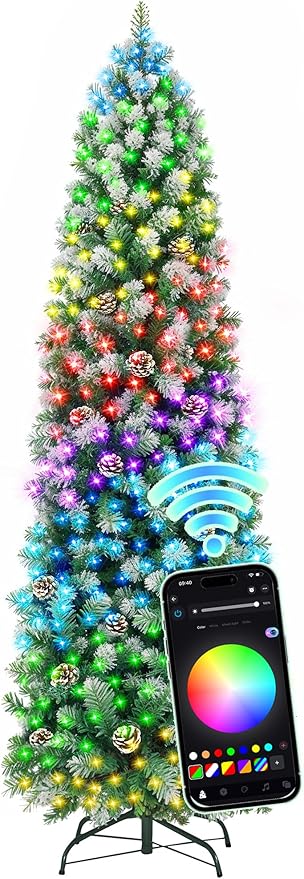 HOLLO STAR 6 ft Prelit Christmas Tree with 233 LED Lights, App Control, Slim Pencil Christmas Tree, Multi-Color RGBW Lights, 588 Flocked Frosted Tips, Xmas Tree, 51 Pine Cones, for Home, Party