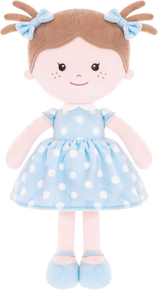 Onetoo Soft Baby Doll First Baby Doll Sleeping Cuddle Buddy Doll Plush Rag Doll Wear Blue Polka Dot Dress14