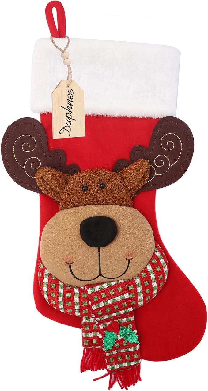 Christmas Stocking,21 inch Christmas Stockings with Wood Name Tag,3D Reindeer Christmas Stocking,for Family Holidays and Christmas Tree Fireplace Decoration(Red)