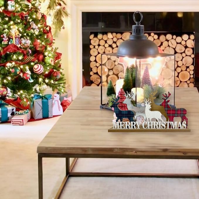 Christmas Decorations for Home Elk Merry Christmas Sign Wooden Decorative Block Rustic Farmhouse Tabletop Xmas Party Holiday Décor for Living Room, Dining Table, Mantel, Tiered Tray, Gift