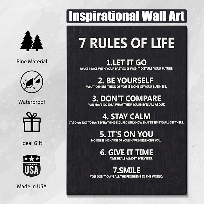 7 Rules of Life Motivational Wall Decor Inspirational Wall Art for Office & Home - Positive Quotes Canvas Prints Ready to Hang, Uplifting Wall Decor for Living Room, Bedroom or Office Wall Art