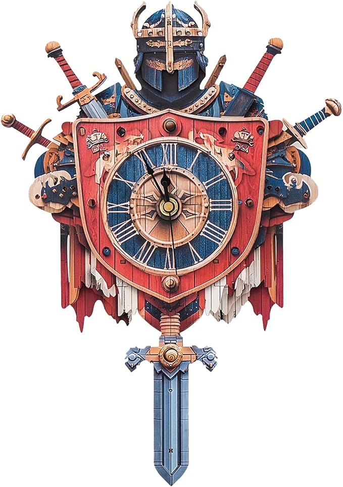 3D Puzzles for Adults Clock-Knight Design Model Kit-Mechanical DIY Pendulum Clock with Roman Numerals-Desk Home Office Decor Personalized Gift for DIY Lovers