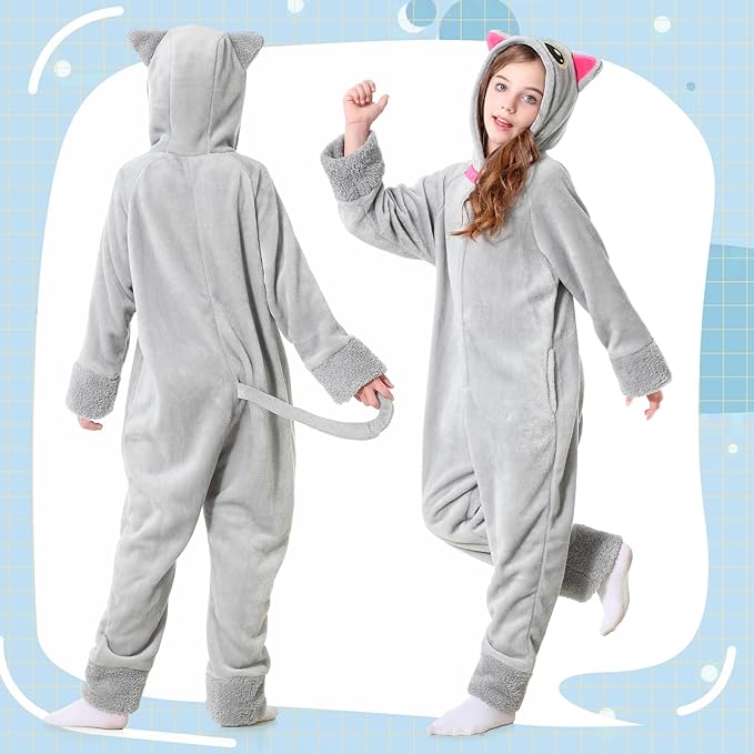 Resiwai Cat Costume for Girls and Boys, Animal Onesie Costumes with Bag and Cat Paws, Halloween Kitty Costume for Kids