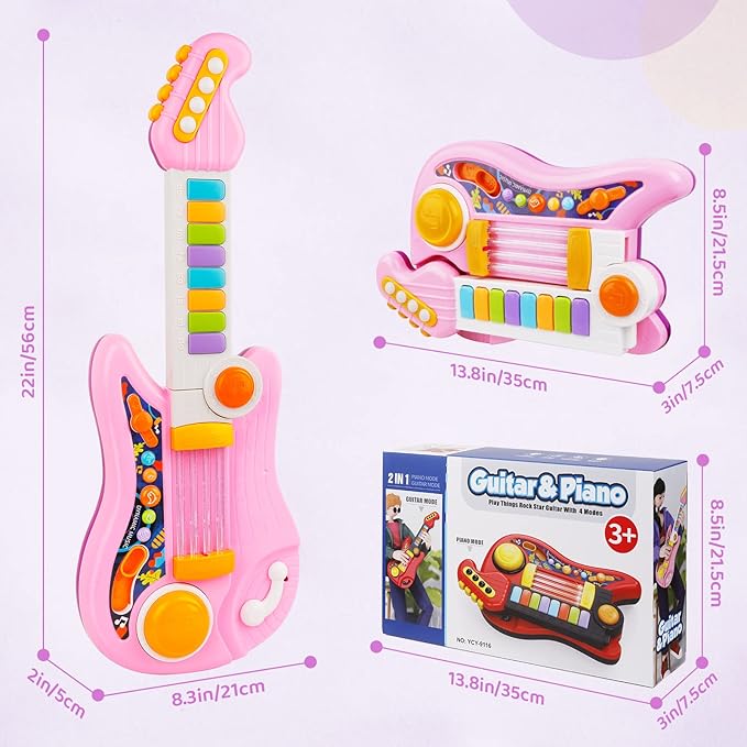 Kids Guitar 2 in 1 Musical Instruments for Kids Piano Toddler Toy Electric Guitars with Strap Music Toys for 3 4 5 Year Old Boys Girls Gifts (Pink)