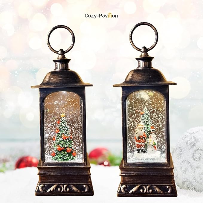 Musical Christmas Snow Globes Lantern, 11" Lighted Electric Snowglobes with 8 Holiday Songs, 6H Timer Dual Power, Santa & Snowman Christmas Ornaments Snow Globe for Kids Adults, Gifts for Men Women