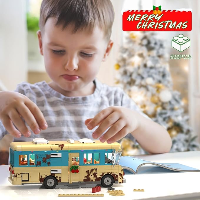 Christmas Cousin's RV Building Kit, LED Christmas Holiday Snow Village RV, 10.1 Inch Christmas RV Compatible with Lego Gifts for Boys, Girls, Family, and Friends (532pcs)