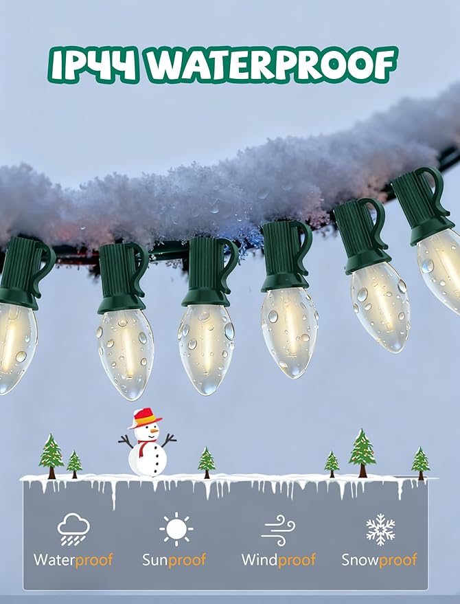 Abeja C7 Clear LED String Lights, 25Ft C7 Christmas String Lights with 27 Clear LED Bulbs (2 Spare) Indoor & Outdoor Use for Christmas Holiday, Party, Patio, Backyard Decoration