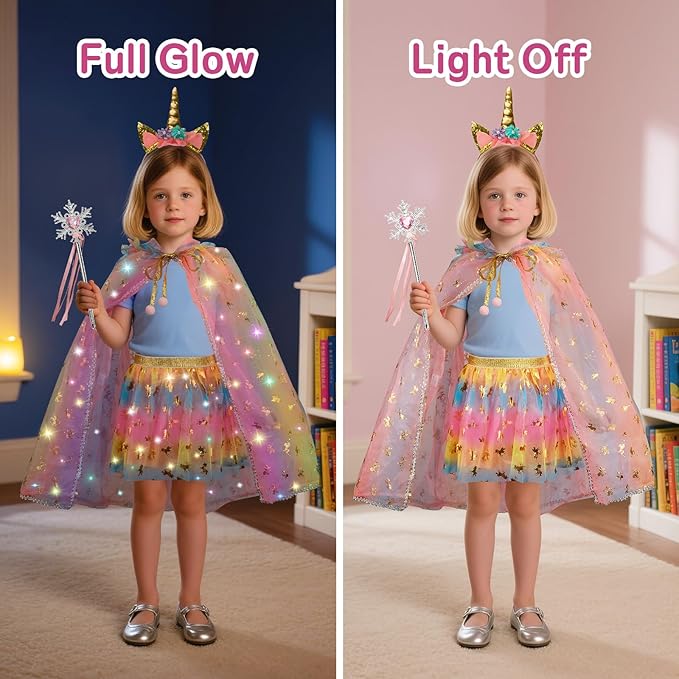 Princess Dress Up for Girls, Light Up Princess Costume Cape Set, Birthday Gifts Toys for Girls 3 4 5 6 Years Old