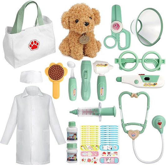 Liberry Doctor Kit for Toddlers 3 4 5 6 Years Old, 26 Pcs Kids Doctor Playset with Dog Toy, Stethoscope and Dress Up Costume, Pretend Play Medical Gift for Boys Girls (Green)