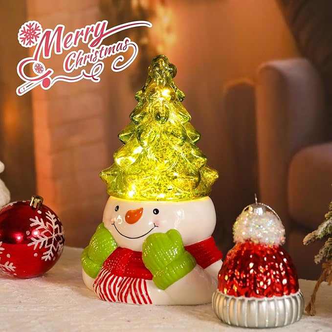 Small Ceramic Christmas Tree Hand-Painted Vintage Tabletop Christmas Tree Holiday Decoration with Multi-Color Lights Green Xmas Trees Snowmen 8.75inch