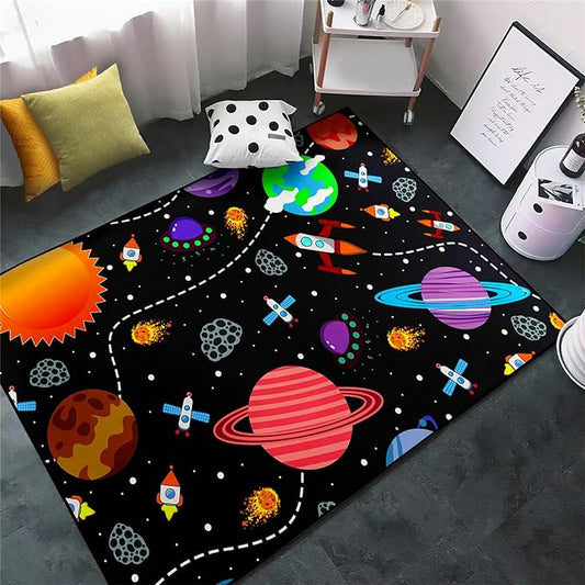 Outer Space Area Rugs - 4'×5' Boys Galaxy Planet for Bedroom Carpet Rug Solar System Rugs Space Rugs for Bedroom Boys Space Area Rug Living Dining Room Decor Crystal Polyester Door Mats