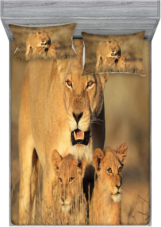 Ambesonne Safari Fitted Sheet & Pillow Sham Set, Mom Lioness and Young Lion Kings in South Nature Big Cats at Wilderness Safari, Decorative Printed 3 Piece Bedding Decor Set, King, Ivory Cream