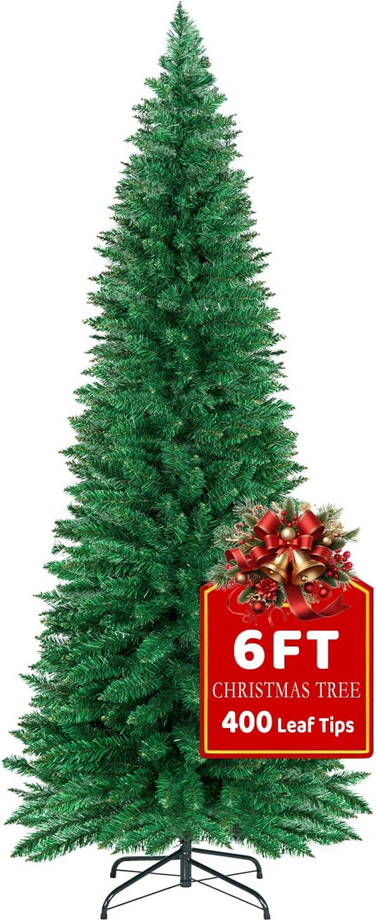 6FT Christmas Tree,Artificial Pencil Christmas Tree with 400 Branch Tips,Xmas Tree with Solid Metal Foldable Stand Perfect for Indoor&Outdoor,Christmas Decoration for Party by DNKMOR