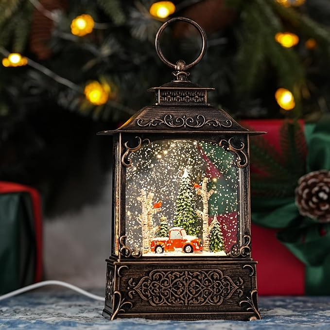 Christmas Snow Globes with Red Truck, Light Up Snow Globes with Music Timer - USB Plug or Battery Operated Glitter Globe Indoor Christmas Decorations