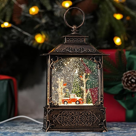 Christmas Snow Globes with Red Truck, Light Up Snow Globes with Music Timer - USB Plug or Battery Operated Glitter Globe Indoor Christmas Decorations