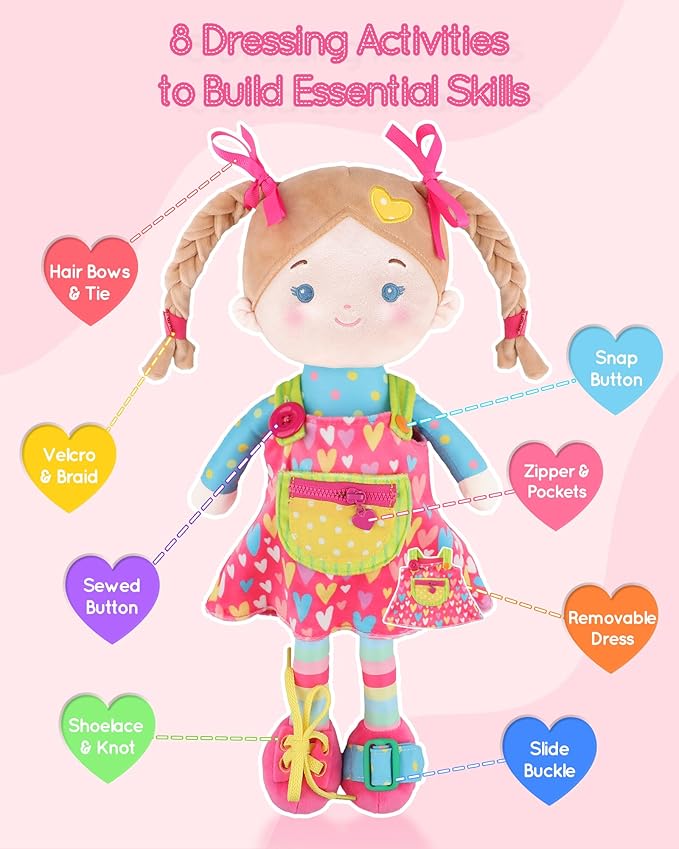 Educational Soft Baby Doll(16''), Learning Sensory Doll for Toddlers, Montessori Toys for 2-Year-Old Girls Christmas, Birthday Gifts, Plush Doll with Zipper, Shoelace, Button-Busy Sweetheart