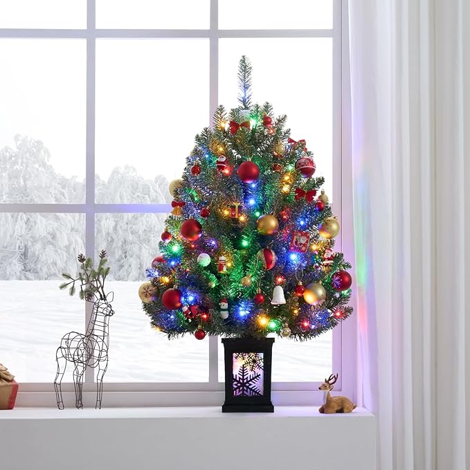 3FT Small Christmas Tree, Artificial Christmas Tree with 100 Lights & Lighting Base, Prelit Mini Tree for Christmas Decor,Tabletop Christmas Tree, 10 Modes Lighting Control, Timer Operated Operated
