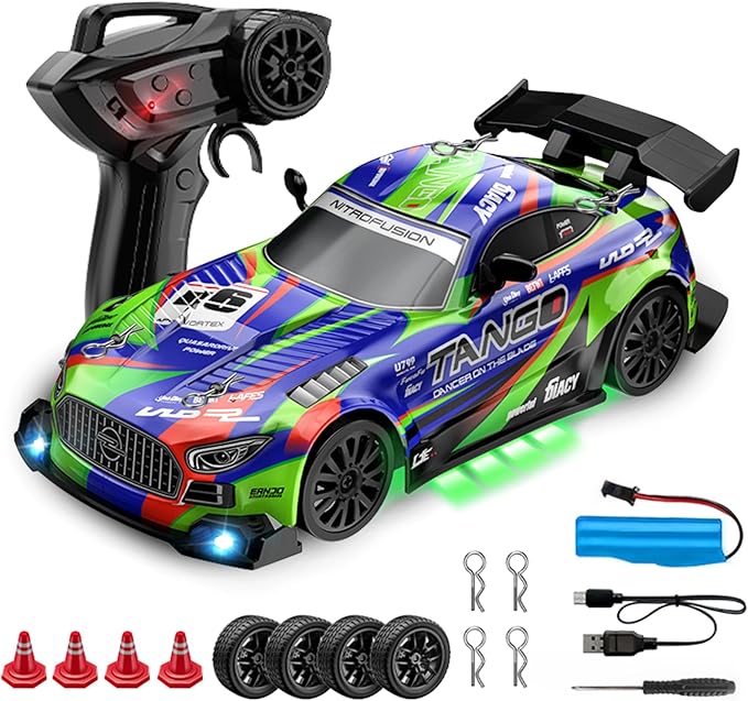 Drift RC Car for Electric Toy Car Hobby Racing Car Toys with Controller,1:24 4WD High Speed RC Drift Cars with LED Lights,Drifting Tires＆Two Batteries, for Adults & Kids