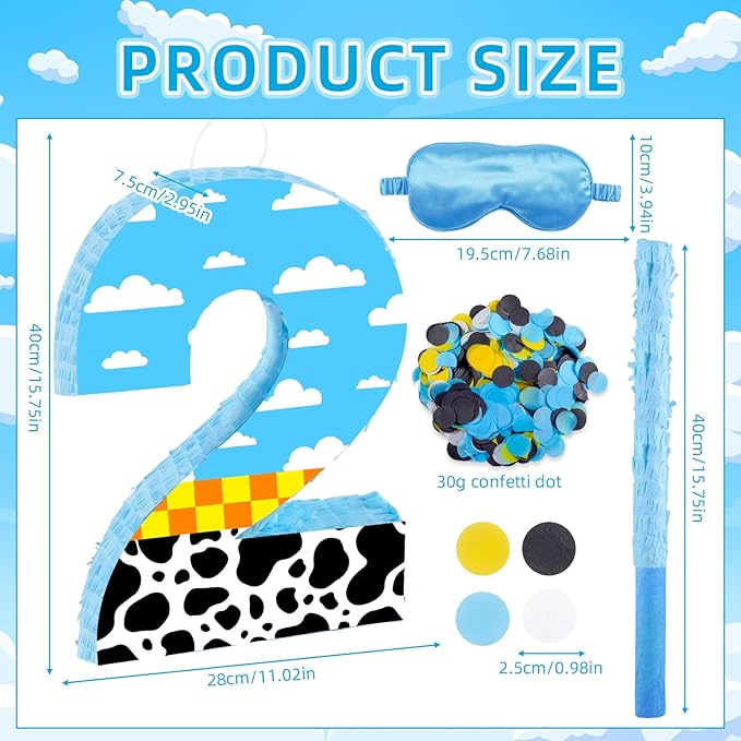 16 Inch Number 2 White Cloud Pinata with 16 Inch Piñata Stick Blindfold Confetti for Boy Girl Kids 2nd Birthday Party Decorations(2nd)