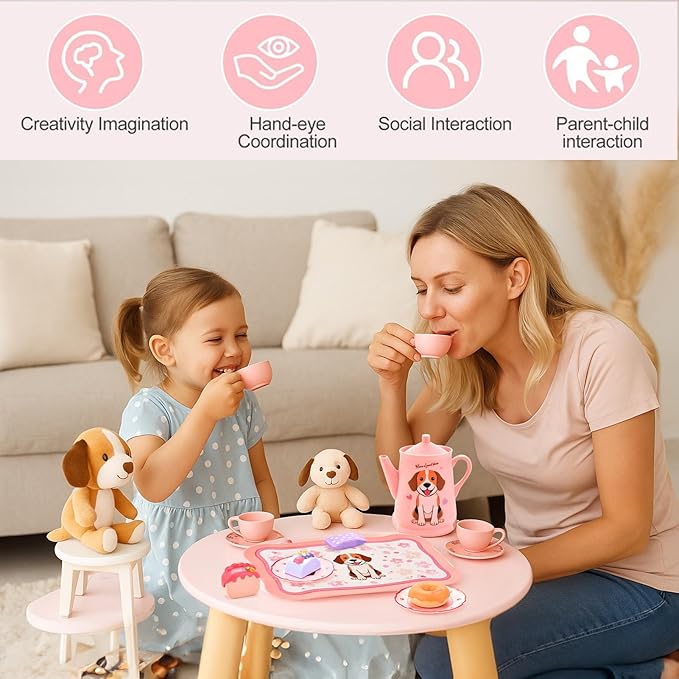 Dog Toys for Kids – Plastic Tea Party Set for Toddlers & Little Girls Ages 3-8, Puppy-Themed Pretend Play Kitchen Toy with Teapot, Cups, Saucers, Desserts & Tray | Birthday Gift Idea