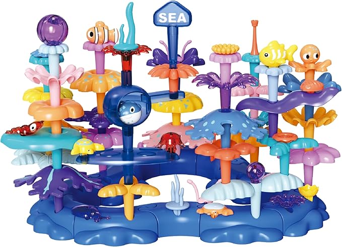 Marine Explorer STEM Building Set with 7 Sea Creatures - 76 Piece Coral Reef Blocks for Preschool Learning, Includes Crab, Turtle & Pufferfish（Ocean-World-L2）