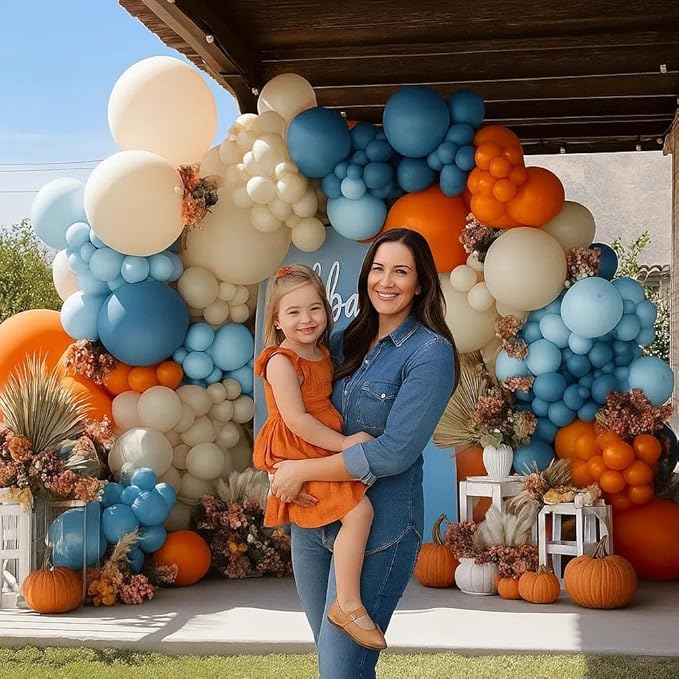 Orange Blue Balloon Arch Double Stuffed Latex Orange Sand White Balloons Light Blue White Balloon Garland for Birthday Fall Baby Shower Thanksgiving Harvest Autumn Home Decor