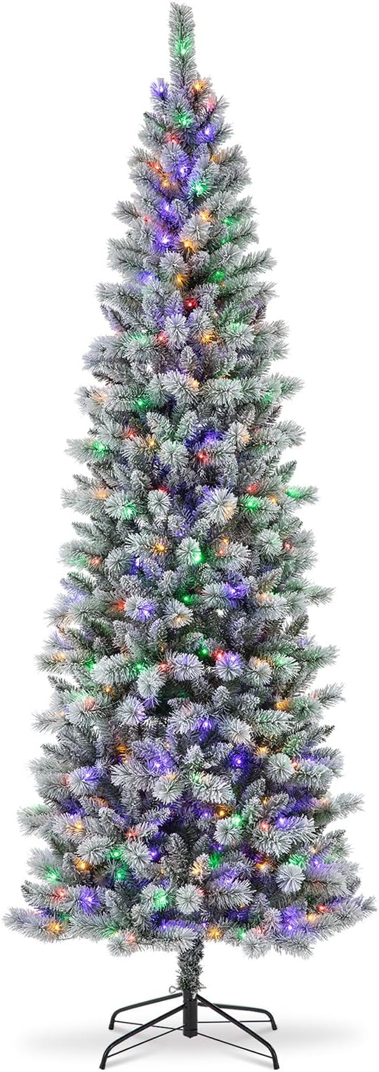 Glitzhome 9ft Prelit Christmas Tree, Artificial Christmas Tree Portland Snowy Pine Flocked Pencil Christmas Tree with 450 LED Lights, 9 Functional Warm White/Multi-Color, Remote Controller