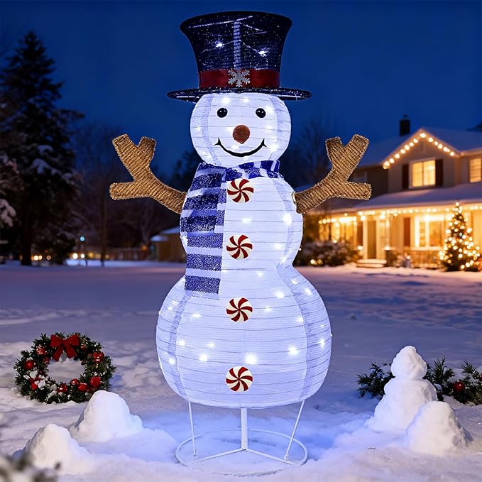 Juegoal Lighted Christmas Decorations, 3.5FT Outdoor 3D Collapsible White Snowman with Built-in LED Lights, Pre-Lit Pop Up Xmas Snowman, Light Up for Holiday New Year Winter Garden Decor