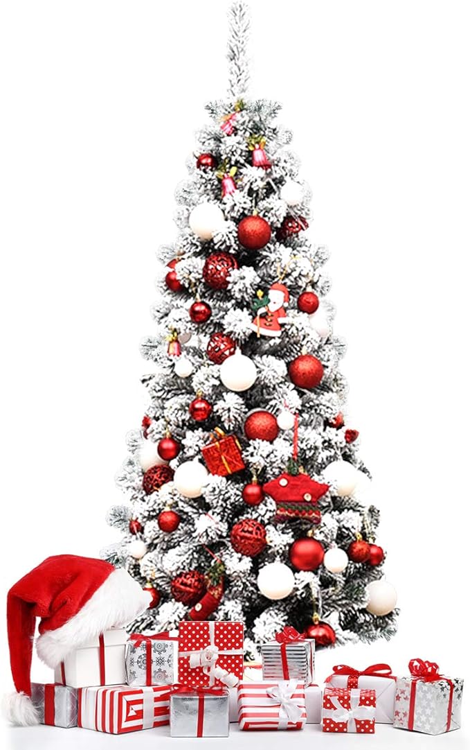 Happygrill 4.5FT Snow Flocked Pencil Christmas Tree Artificial Slim Xmas Tree for Indoor Outdoor Festival Decoration