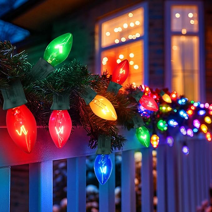 C7 Multicolor Christmas Lights Outdoor, 25FT Vintage Christmas Light Green Wire with 25+2 Clear Multicolored Bulbs, Outdoor String Lights for Xmas Tree Home Yard Wedding Party Decorations