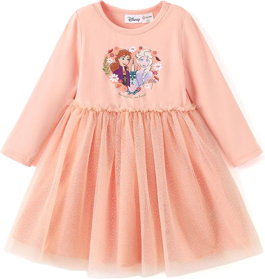 Disney Frozen Elsa Princess Cinderella Ariel Jasmine Rapunzel Baby/Toddler Dress, Ruffle Long-Sleeve Mesh Overlay Tulle Dress