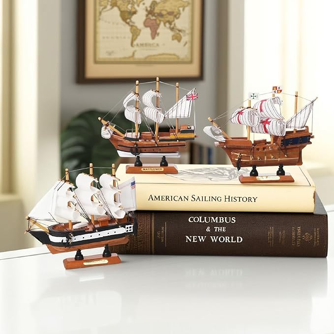 Historic Wooden Ship Models 6inch Set 3 Pack, Mayflower, Santa Maria, USS Constitution, Nautical Home Sailboat Decor Gift for Son