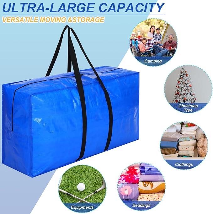 Windyun 4 Pack 75 Gallon Extra Large Storage Bags XXL Moving Bags with Zipper Handles Heavy Duty Jumbo Big Totes Box for Halloween Skeleton 4-12 Feet Christmas Tree Storage College Dorm Cloth (Blue)