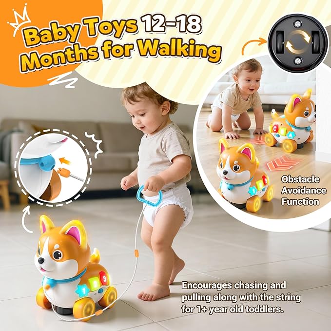 Toddler Toys for 6-12-18 Month, 3-in-1 Musical Puppy Toy, Crawling & Walking Toys for 1 Year Old Boy Girl Gifts, Birthday Gift, Bilingual Learning Educational Puppy for 7 8 9 10 Months (Yellow)