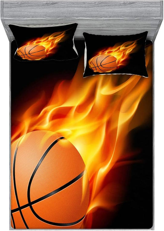 Ambesonne Sports Fitted Sheet & Pillow Sham Set, Basketball Lover Ball on Fire Speed Fireball Shoot Hoops Kids Sporty Fun Art Print, Decorative Printed 3 Piece Bedding Decor Set, King, Orange Black
