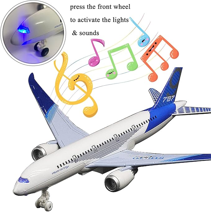 OTONOPI Airplane Toys Bump and Go Airlines Die Cast Metal Model Plane Toy with Lights and Sounds for Kids Blue