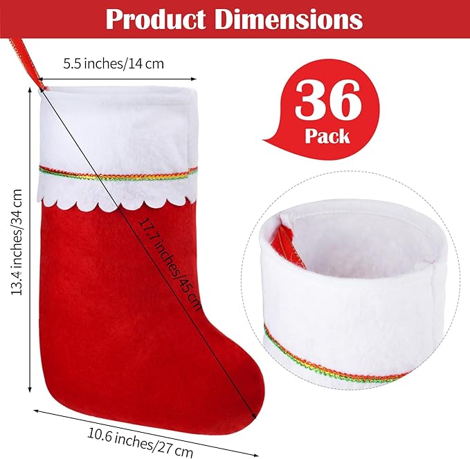 36 Pack Red Felt Christmas Stockings Bulk 18" Xmas Fireplace Hanging Stockings Christmas Holiday Decoration Stockings Party Favors Stockings for Xmas Decoration