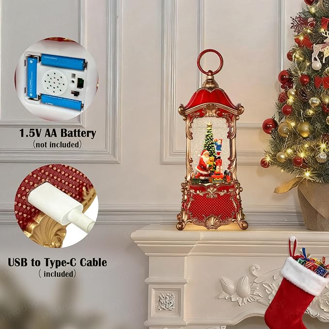 Santa Snow Globe Christmas Decorations Indoor Christmas Tree Gifts for Child Classic Relief Texture Musical Glitter Snowfall USB/Battery Timer Lantern 12.5 inch