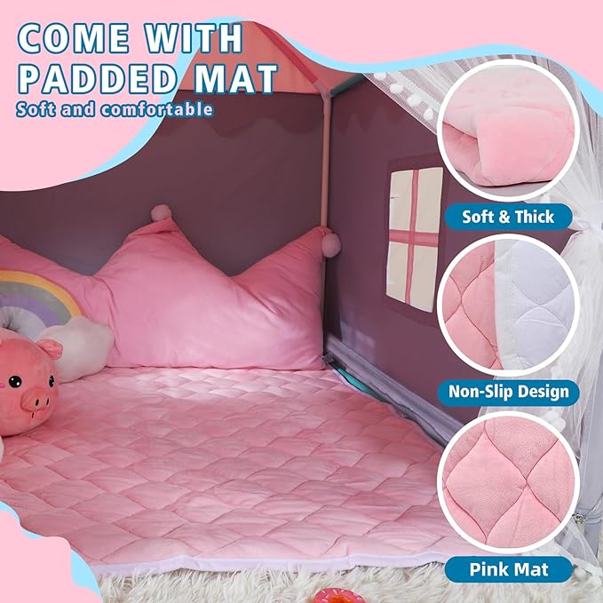 Wilwolfer Kid Tent with Mat, Star Lights - Kids Play Tents for Toddlers Kids Tents Indoor Playhouse - Princess Tent for Girls Toy House Gift (Gray with Mesh)