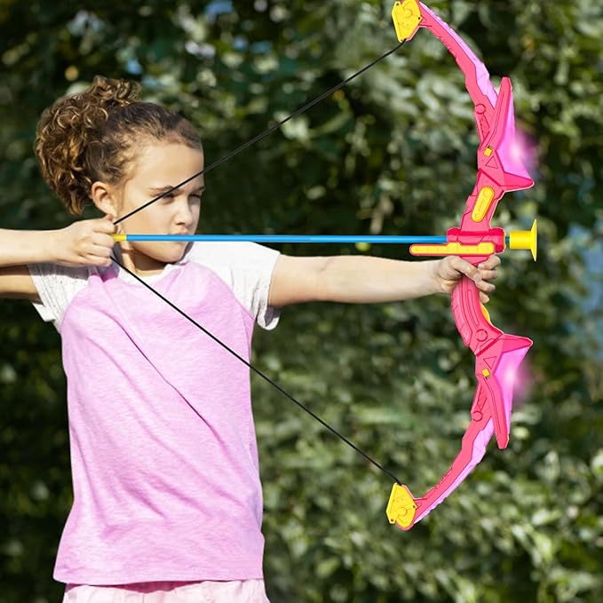 2 Pack Kids Bow and Arrow Set, Pink Light Up Archery Toy Set, 2 Foam Dart Guns & 6 Target Cans Toys for Ages 5-7, Kids Indoor Outdoor Birthday Gifts Ideas for Boys Girls 4 5 6 7 8 9 10 Year Old