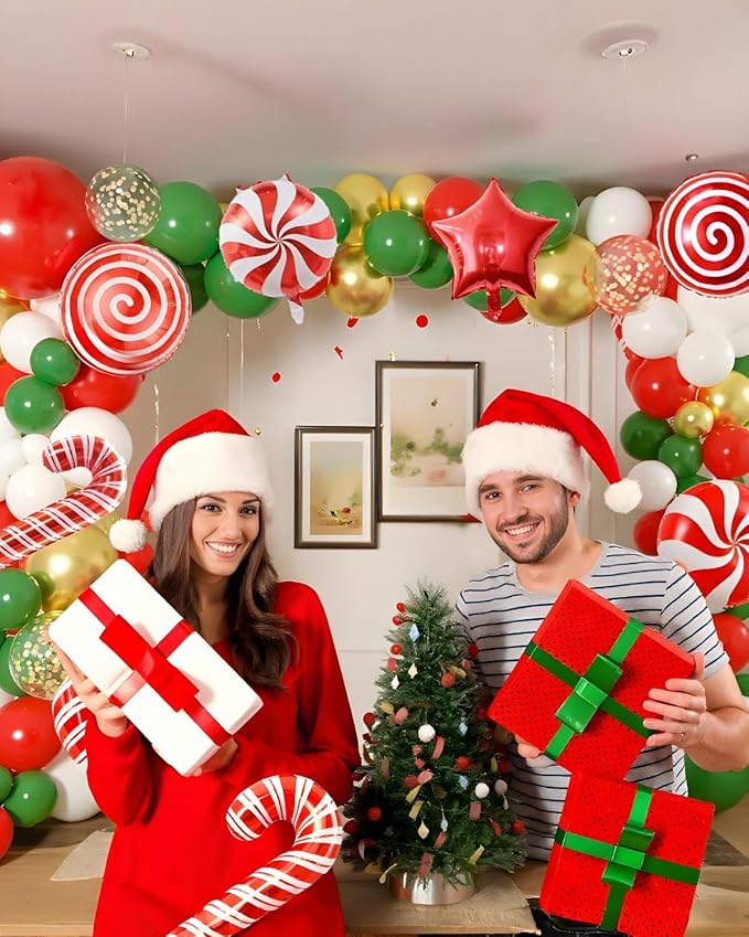 NeoVita Christmas Balloons Garland Arch Kit, 133PCS Red Green White Xmas Balloons Different Sizes 18 12 5 Inch with Candy,Cane,Star Foil Balloons for Christmas Party Decorations Indoor