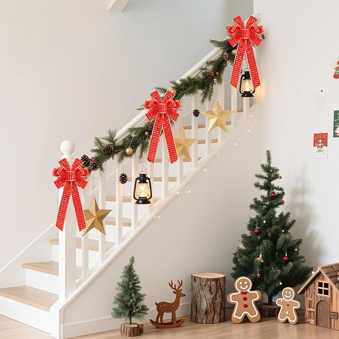 2PCS Red/Gold Velvet Christmas Bows with Gold Shiny Patches - 11"x19.6" Holiday Decor for Tree Topper Wreaths Door Windows Fireplace Fence Porch Gifts Parties Indoor/Outdoor Decorations