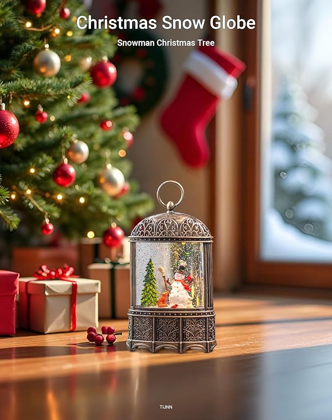 11" Christmas Snow Globe Lantern Winter Home Decor Rotating Snowflakes with Music and Timer Function USB or Battery Powered (Snowman)