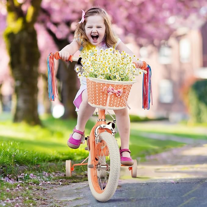 KORIMEFA Girls Bikes Ages 2-4 4-6 6-8 with Training Wheels 12 14 16 Inch, Little Small Kids Princess Toddler Bicycle with Streamers, Pedal Bike with Basket and Doll Seat, Coaster Brake, Birthday Gift