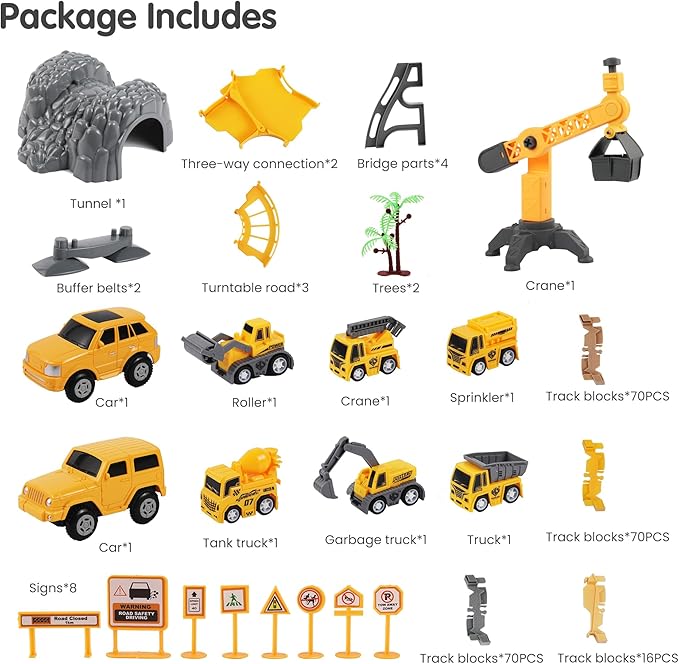 TUMAMA 249pcs Construction Race Track Vehicle Toys for Boys and Girls, STEM Building Bendable Cars Track Sets for Toddlers 3 4 5 6 Years Old