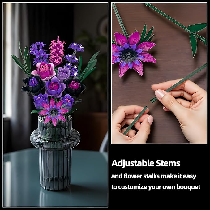 Purple Rose Bouquet Building Set - Compatible with Lego Flowers for Adults Women - Gothic Home Office Table Centerpiece Decor, Halloween Christmas Valentine's Gift