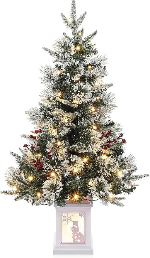3FT Prelit Artificial Christmas Tree with Lights, 3 Foot Artificial Christmas Tree with Snowflake Base, 78 LED Prelit Christmas Tree, Battery Operated, Timer, Easy Assembly, Winter Holiday Decor